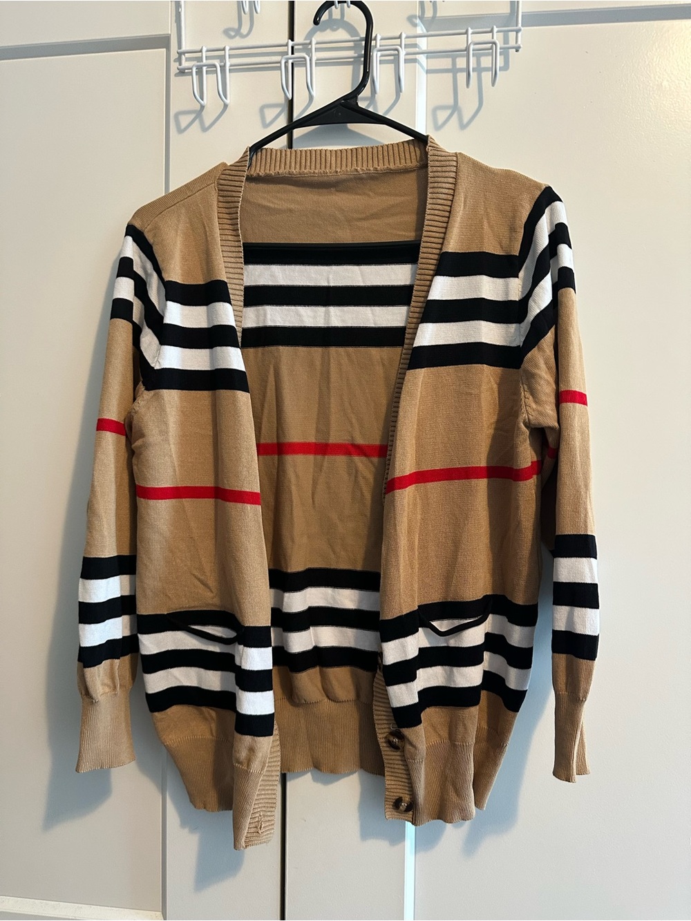 Women’s Tan Striped Open Cardigan Sweater
